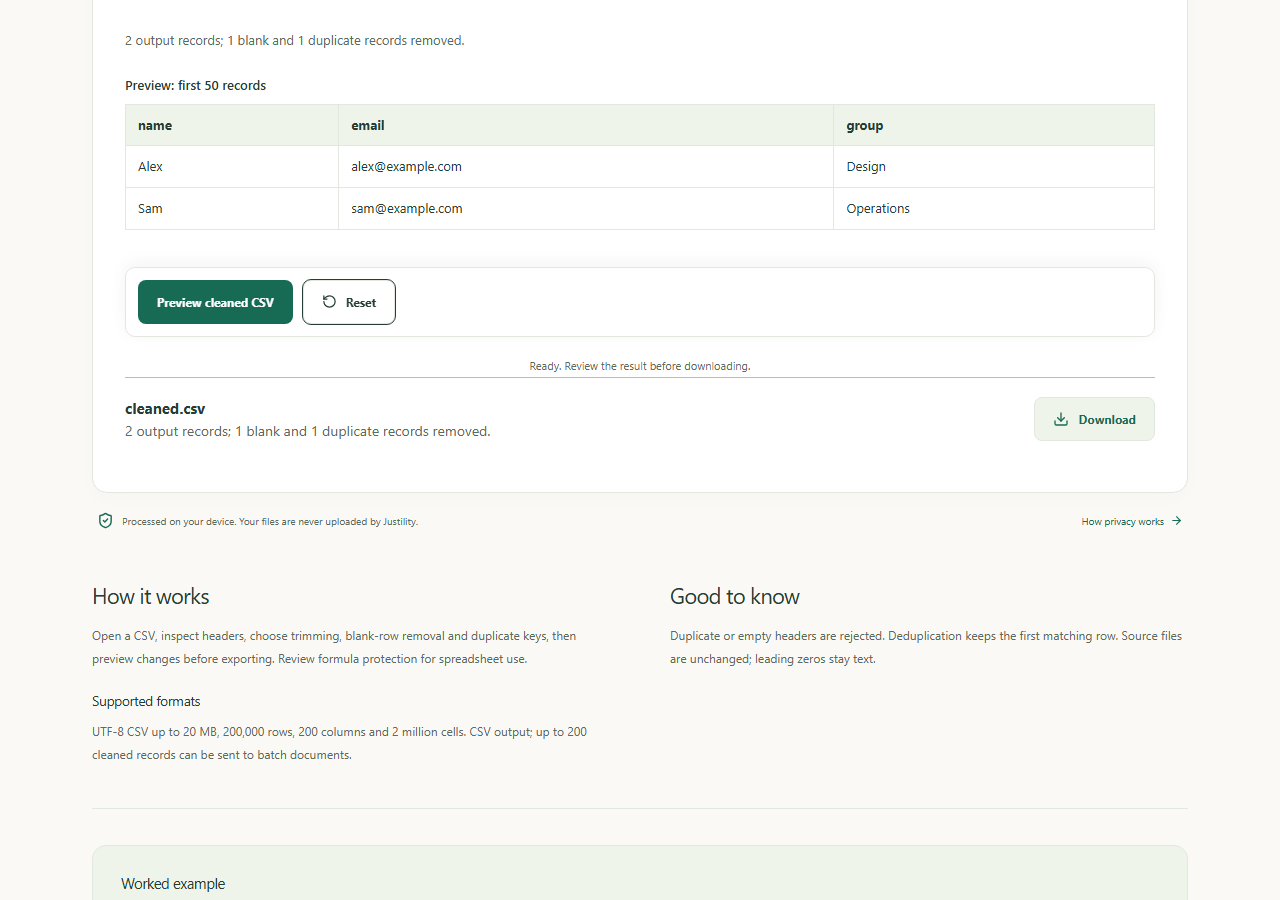 CSV cleanup preview with public sample records