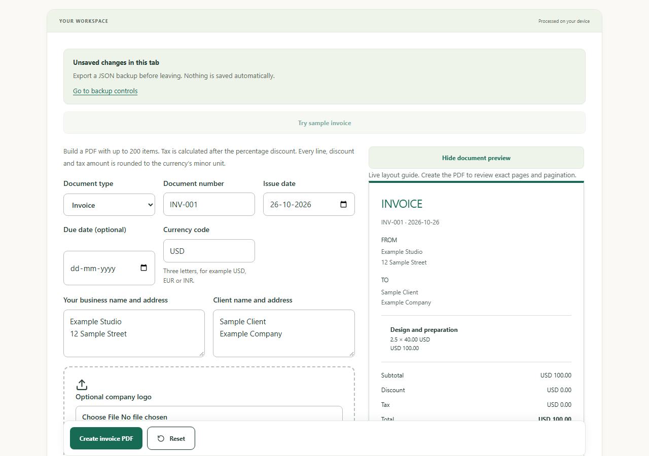 Invoice workspace with public sample business details