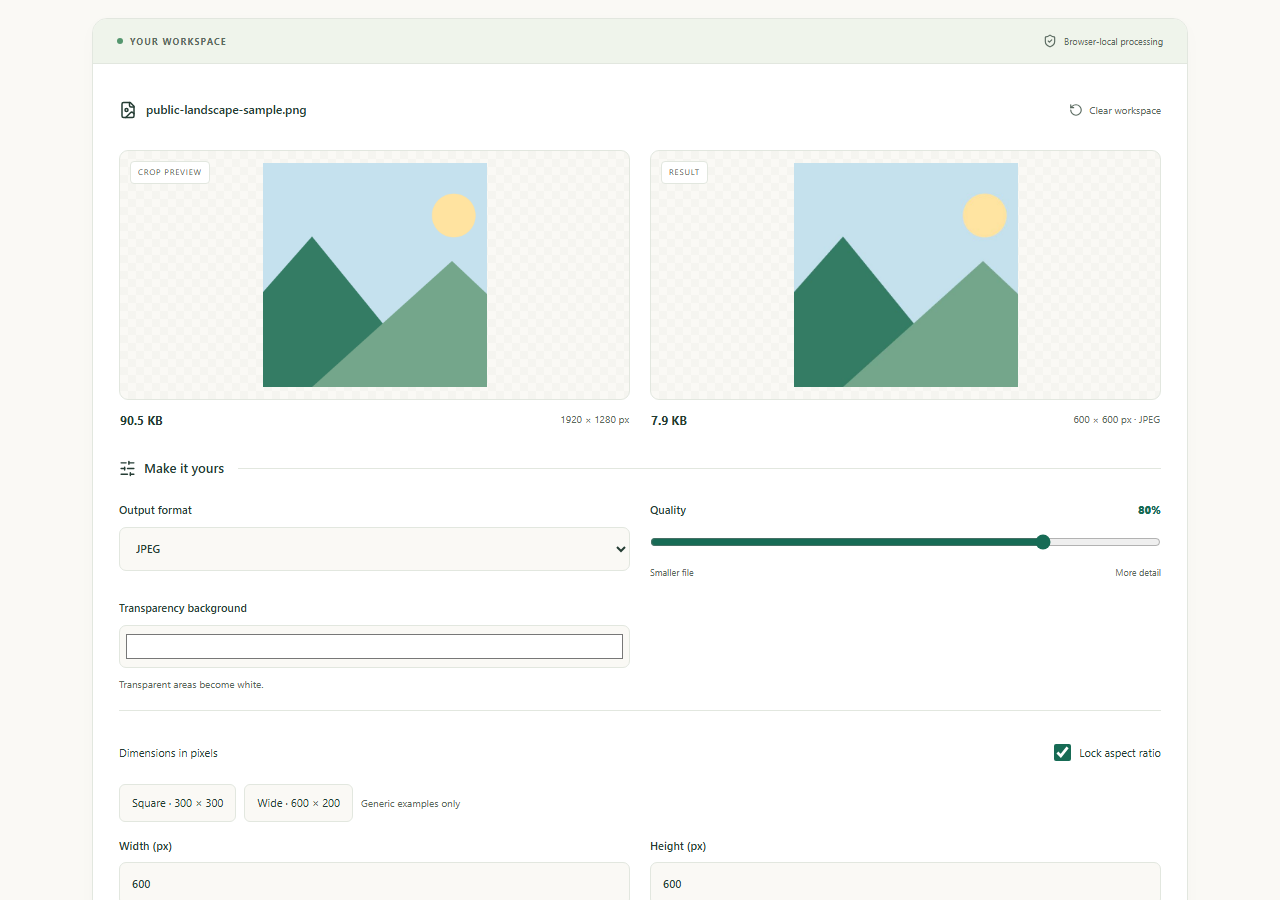 Prepare a photo for an upload form: workspace with public sample data